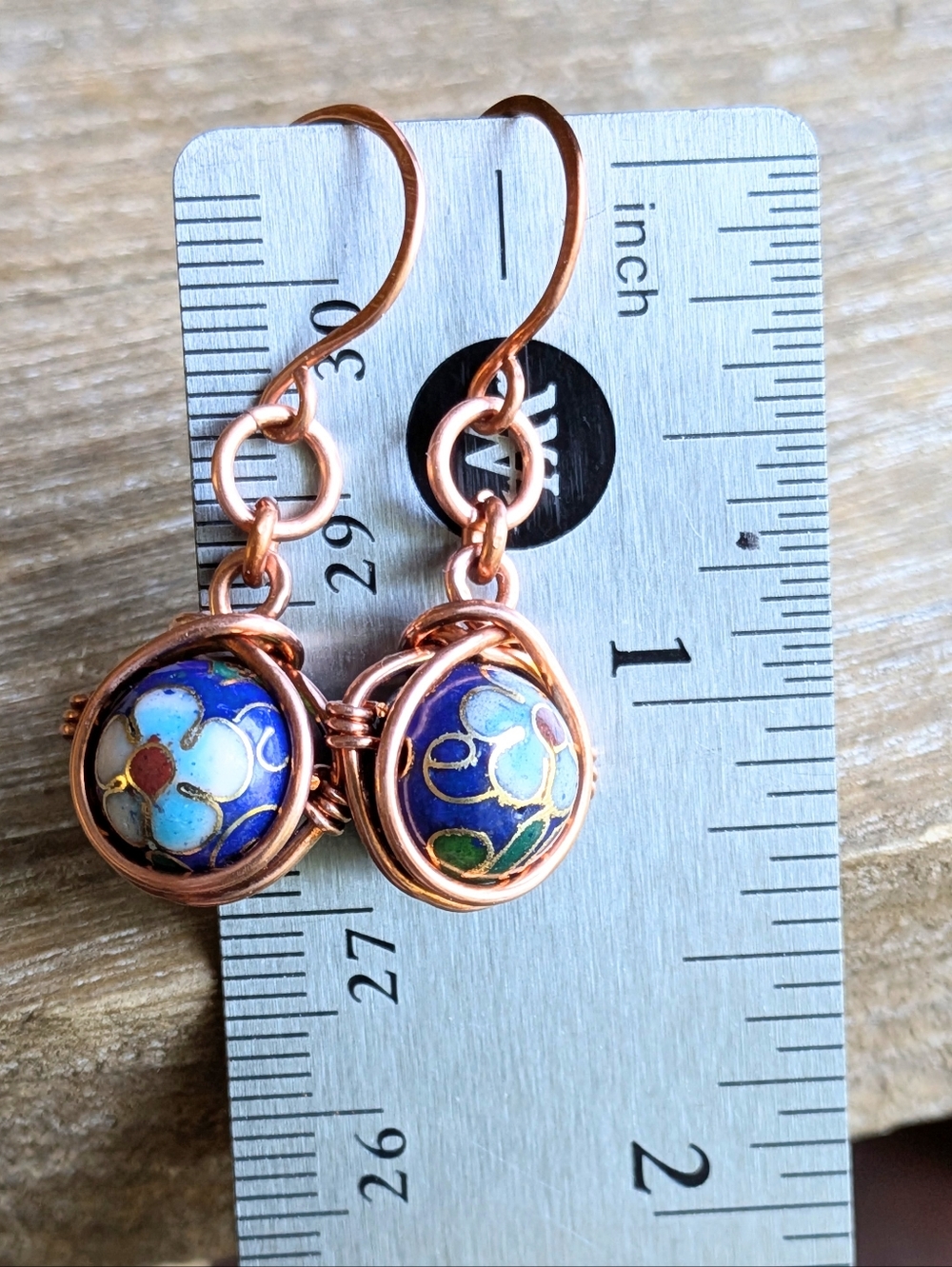 Copper Wrapped Cloisonne Earrings- Colorful Flower Blossom Details - Picture 10 of 12